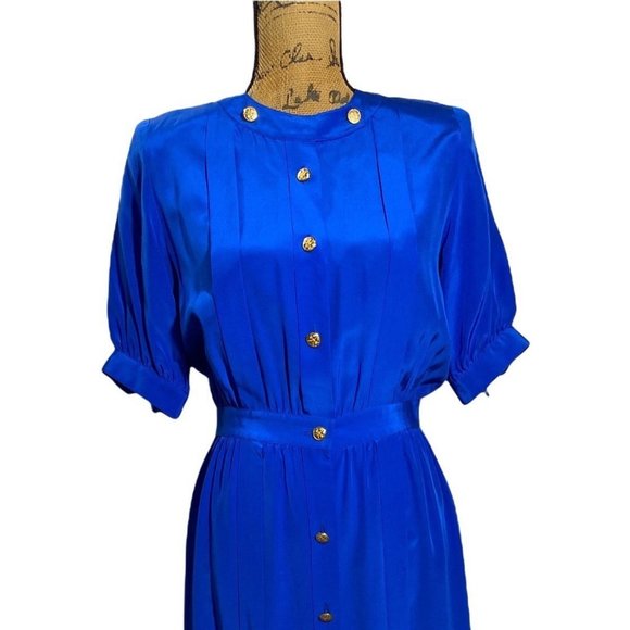 Claudia & Marc 10 Vintage Dress Royal Blue Pleated Shoulder Pad Gold Button - Picture 2 of 7